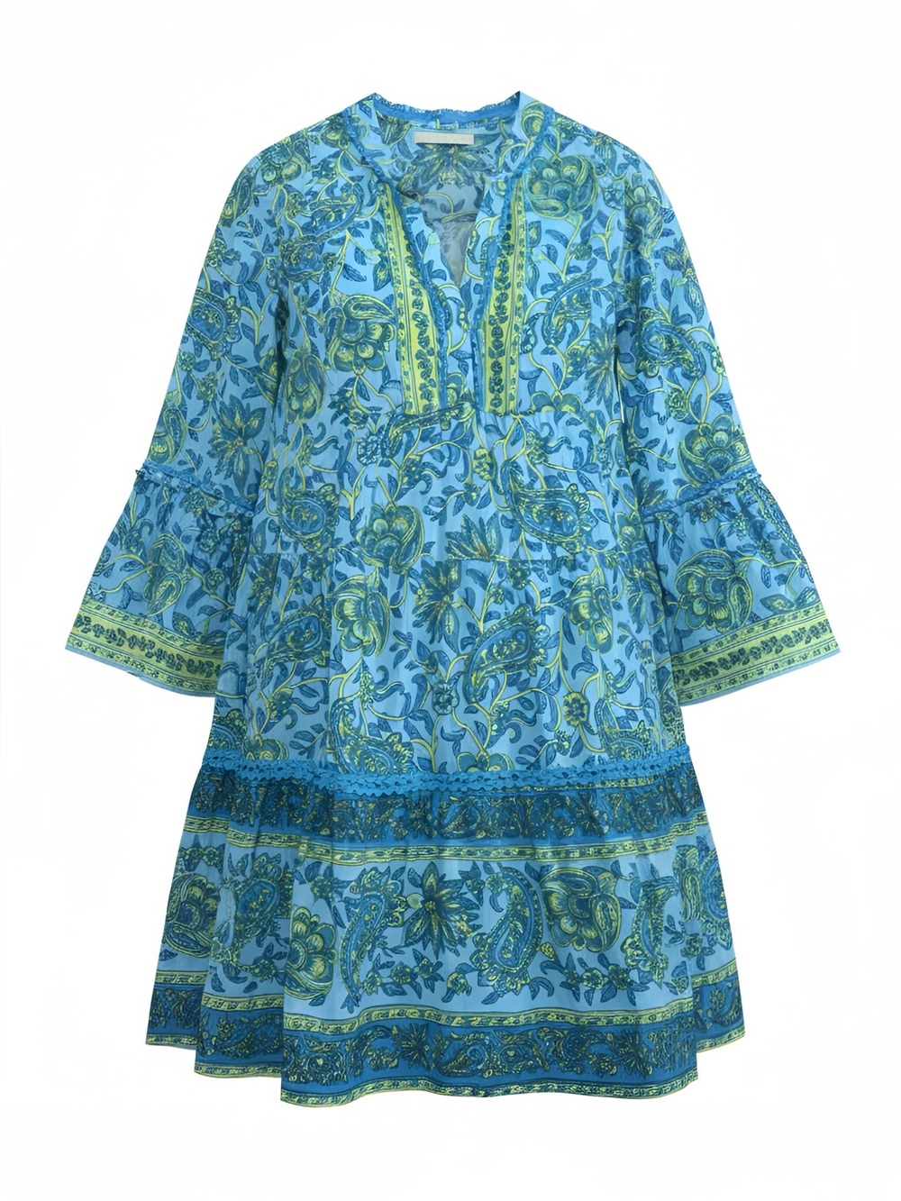 Lola Australia 100% Cotton Tiered Boho Paisley Mini Dress Blue Green Women's XS
